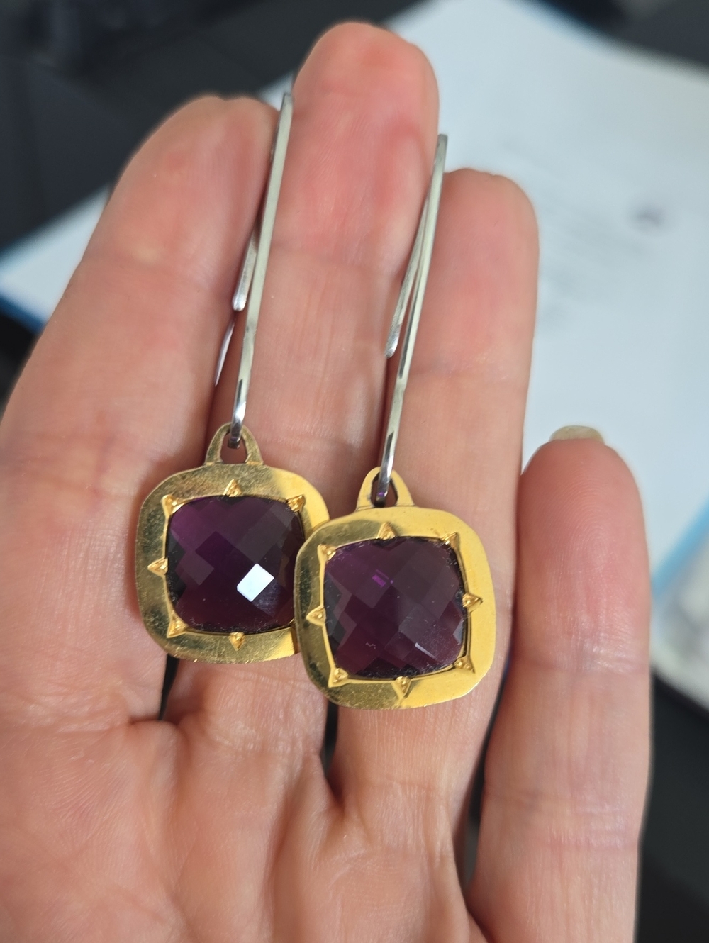 Mixed Metal Amethyst Drop Earrings - Women Jewelry